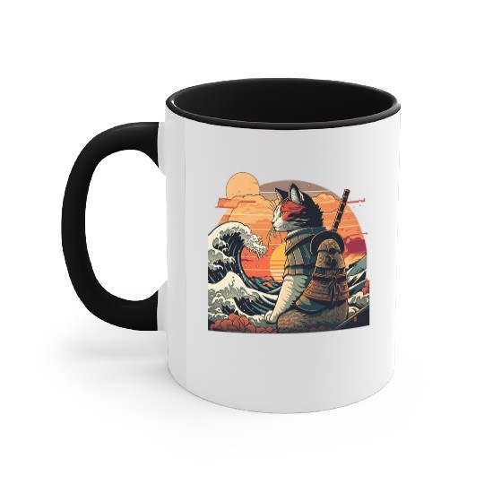Samurai Cat vs The Great Wave Accent Mugs