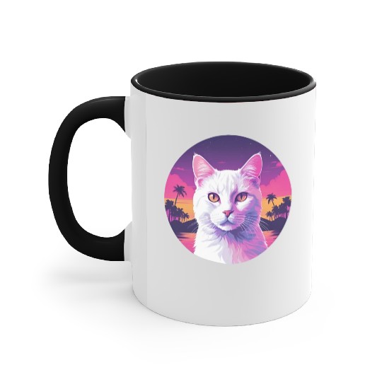 Synthwave White Cat 2 Accent Mugs