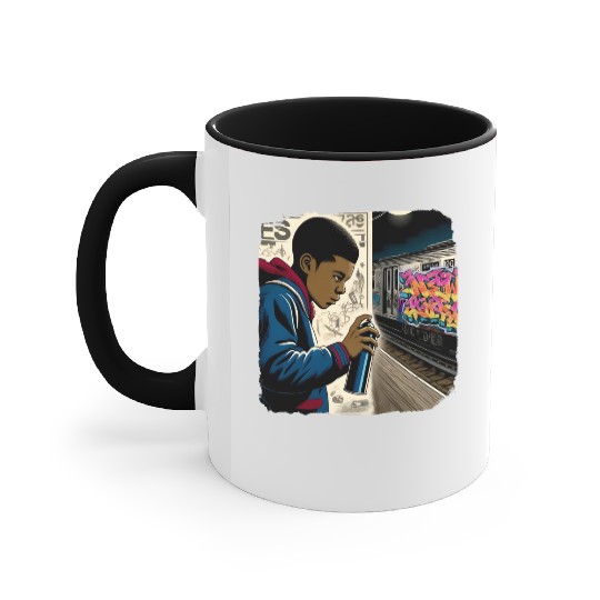 AI Teen in Underground Subway Layup -Masked Border Accent Mugs