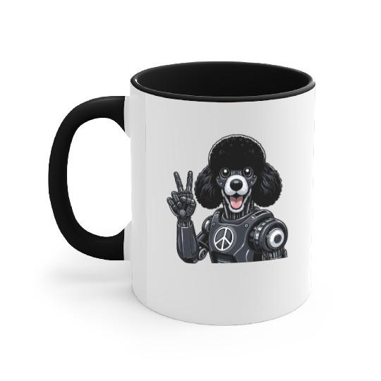 Cyborg Poodle with Peace Sign Robot Design Accent Mugs