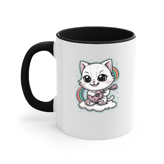 Cute White Cat Playing Guitar on Cloud - Rainbows Accent Mugs
