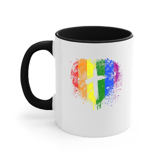 Rainbow Heart with Cross Gay Pride LGBT Christian Accent Mugs