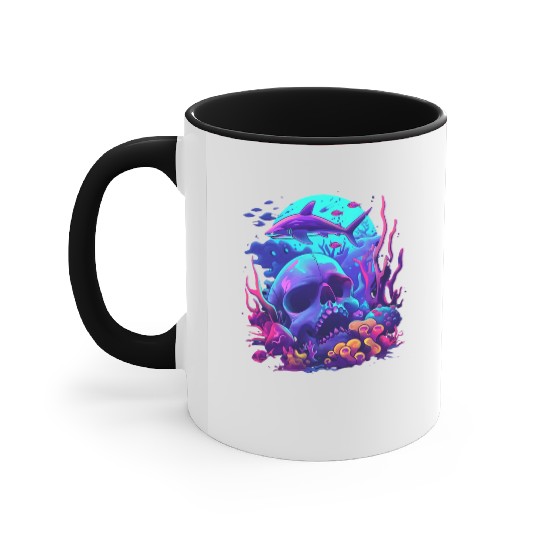 Neon Blue Skull and Shark Accent Mugs