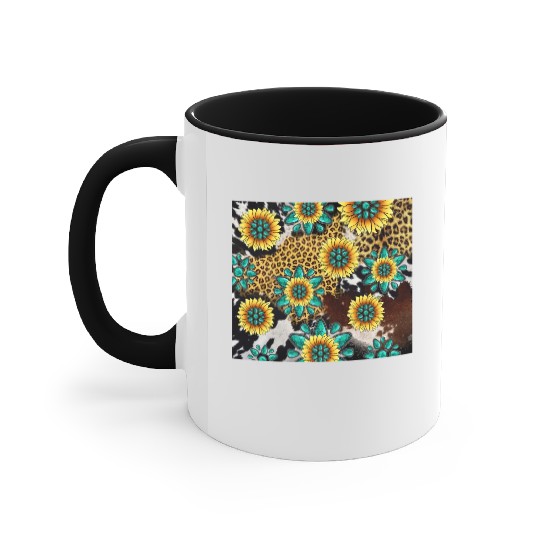 Turquoise Gemstone Sunflowers Leopard Cowhide Accent Mugs