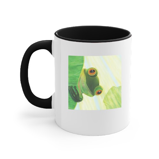 Cute Green Frog Peeping out From Behind Lily Pad Accent Mugs