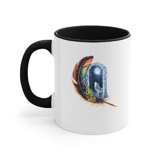 Glowing feather with wolf howling at the moon Accent Mugs