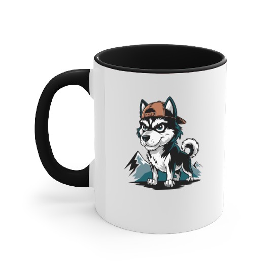 Tough Husky Wearing Cap In Mountains Accent Mugs