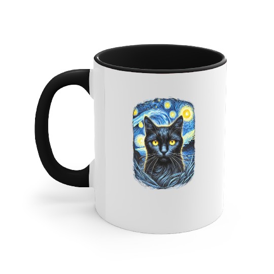 Funny Starry Night Black Cat Van Gogh Art Cat Accent Mugs