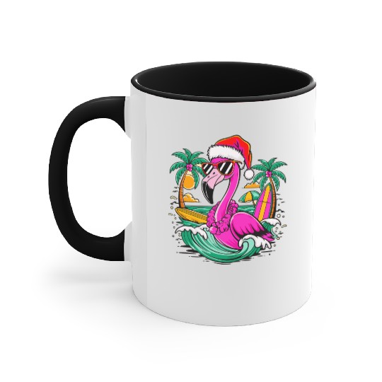 Flamingo cheers Christmas Holiday in Sea Beach Accent Mugs