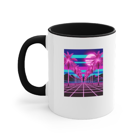 Neon Dreamscape: Retro-Futuristic Synthwave Sunset Accent Mugs