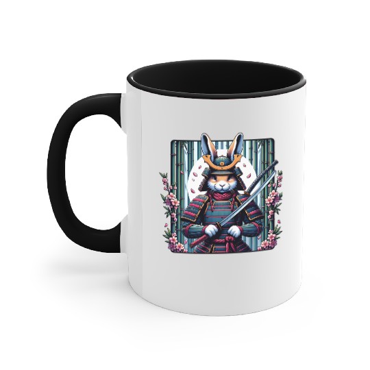 Samurai Rabbit with Katana and Cherry Blossoms Accent Mugs