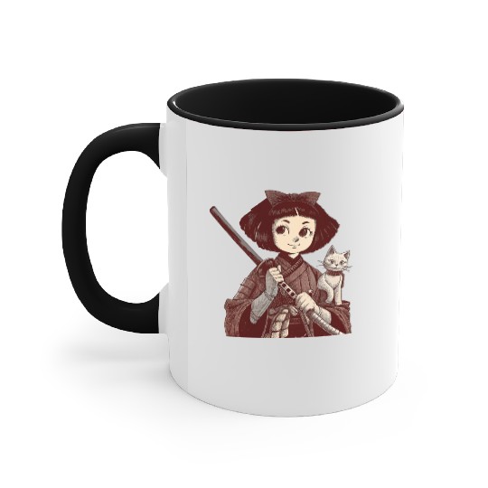 Chibi Samurai Warrior Cat Companion & Blossoms Accent Mugs