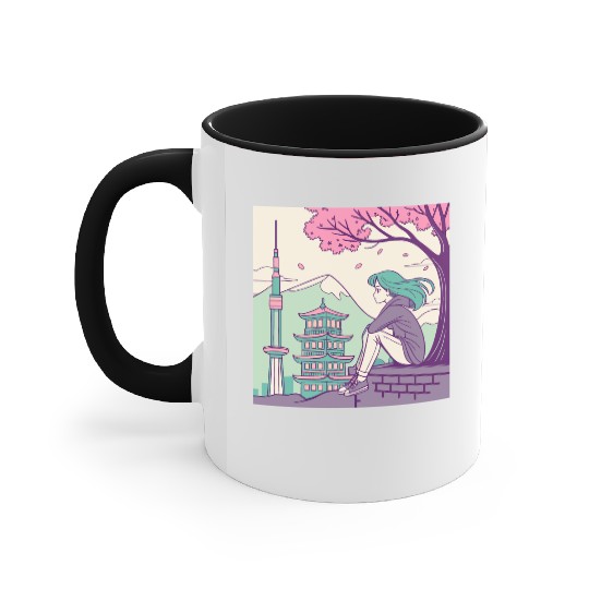"Peaceful Anime Vibes: Girl Relaxing with Sakura Accent Mugs