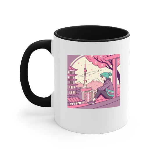Blossom Breeze: Tokyo Girl Embracing a Tranquil Accent Mugs