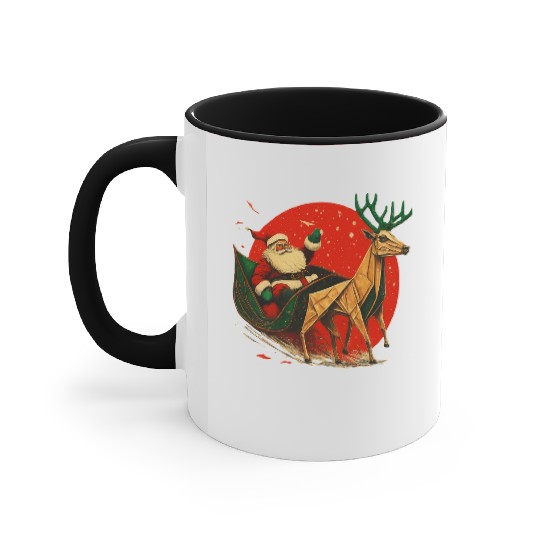 Christmas Santa Claus and Reindeer Origami Sleigh Accent Mugs