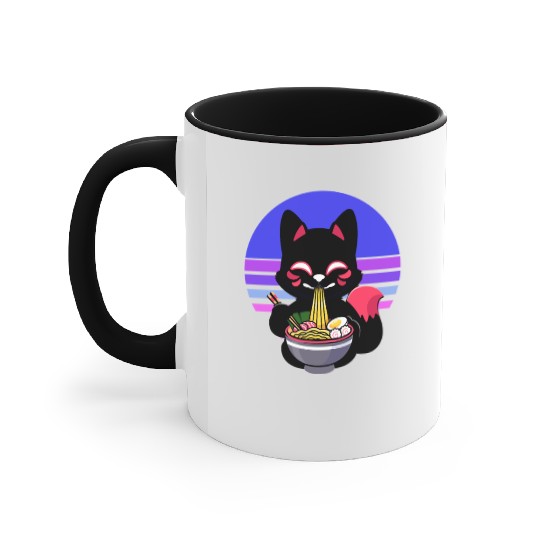 Cat Eating Ramen Noodles Kawaii Anime Japanese Accent Mugs