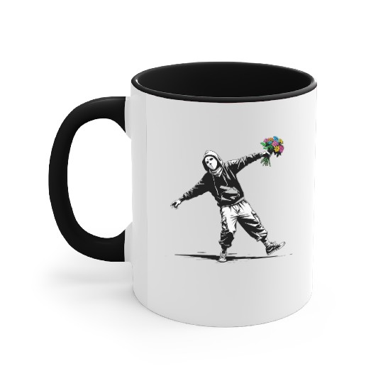 Banksy Protester Throwing Flowers Accent Mugs