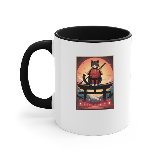Japanese Cat Samurai Cat Accent Mugs