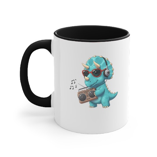 Dino cartoon triceratops listening to music Accent Mugs