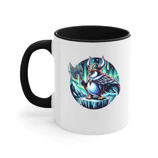 Viking Penguin with Axe Under Northern Lights Accent Mugs