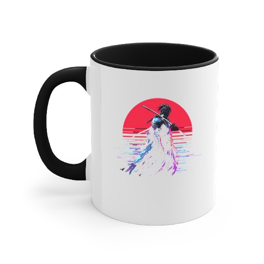 Cyberpunk Samurai Warrior Under Neon Moon Accent Mugs