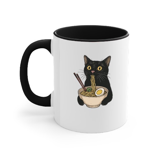 Black Cat Eating Ramen Noodles, Cute Japanese Food Accent Mugs
