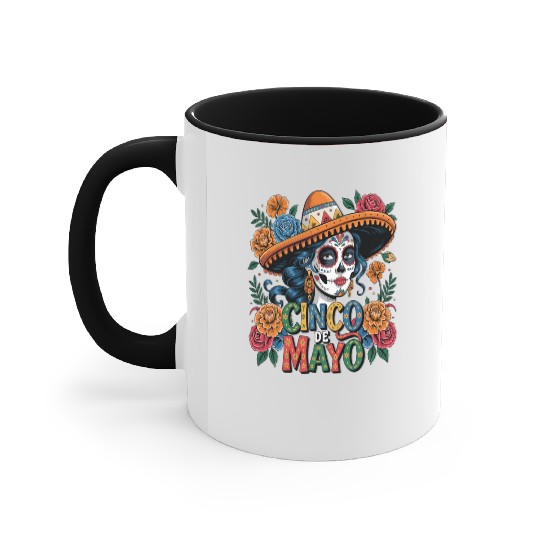 Cinco de Mayo Sugar Skull Girl Sombrero & Flowers Accent Mugs