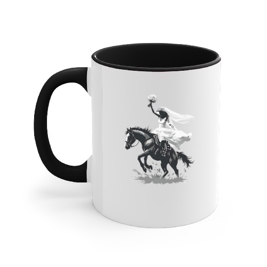 Western Cowgirl Bride on Bucking Horse – Grayscale Accent Mugs