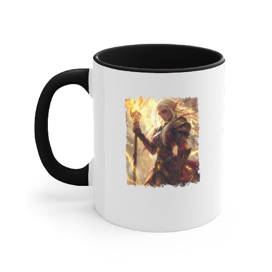 Fiery Elf Mage with Glowing Magical Staff Design Accent Mugs