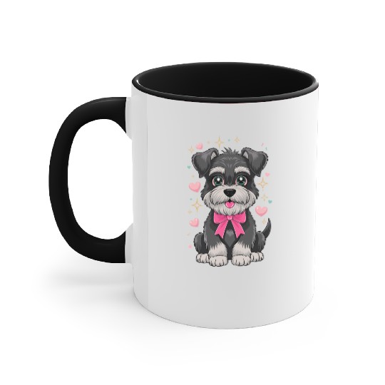 Cute Schnauzer With Pink Bow Surrounded by Hearts Accent Mugs
