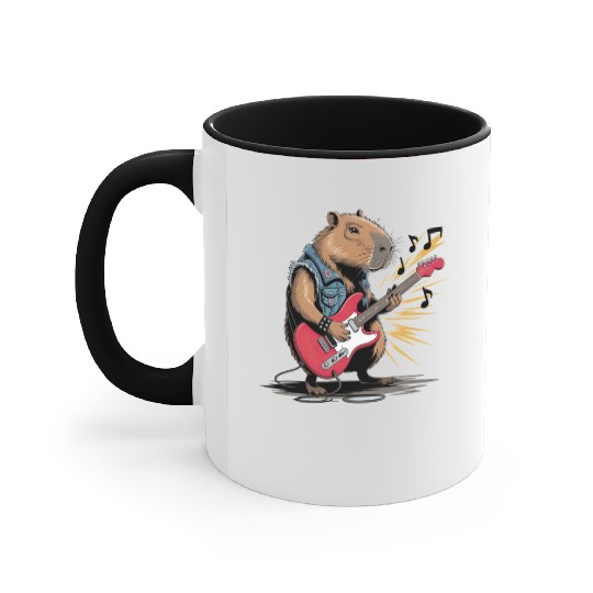 Cool Capybara Playing Electric Guitar Accent Mugs