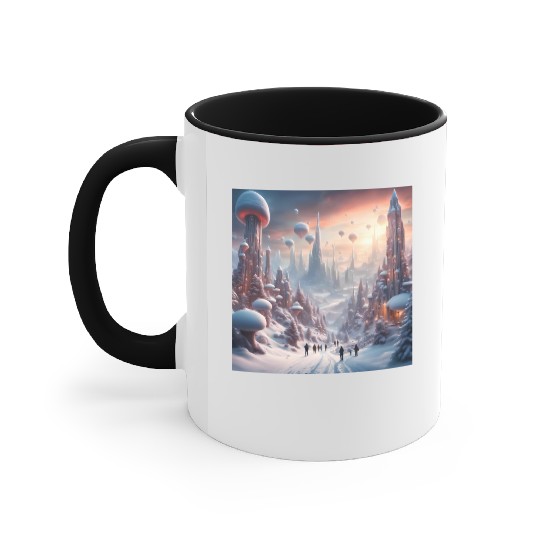 Futuristic Snowy Cityscape with Floating Balloons Accent Mugs