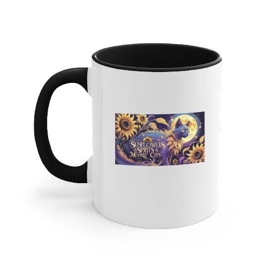 Celestial Cat Among Sunflowers and Moonlit Night Accent Mugs