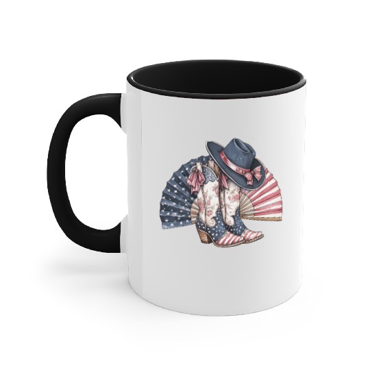Retro American Flag Cowgirl Boots with Clackin fan Accent Mugs