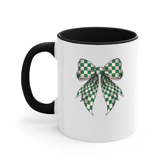Coquette Bow Cream White Green Checkered Pattern Accent Mugs