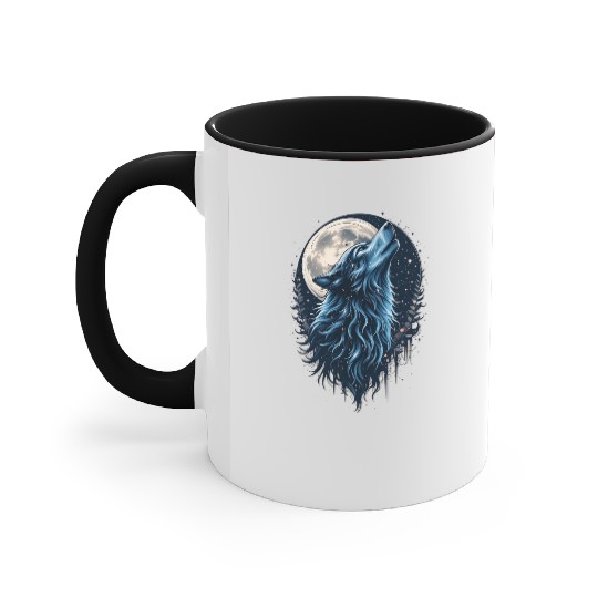 Moonlit Howl Blue Wolf Illustration Accent Mugs