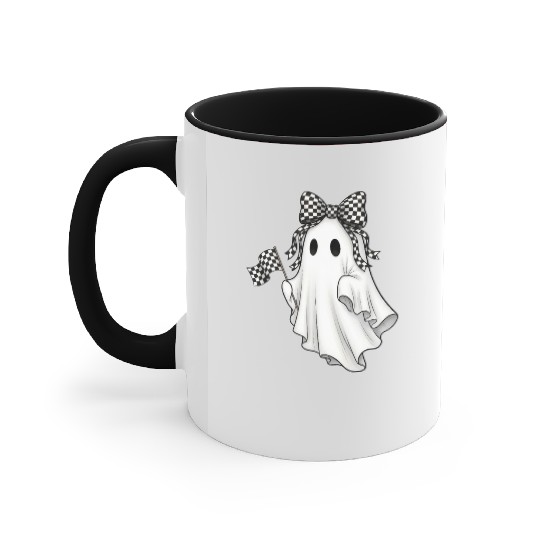 Ghost Boo Checkered Bow Race Day Racing Flag Racer Accent Mugs