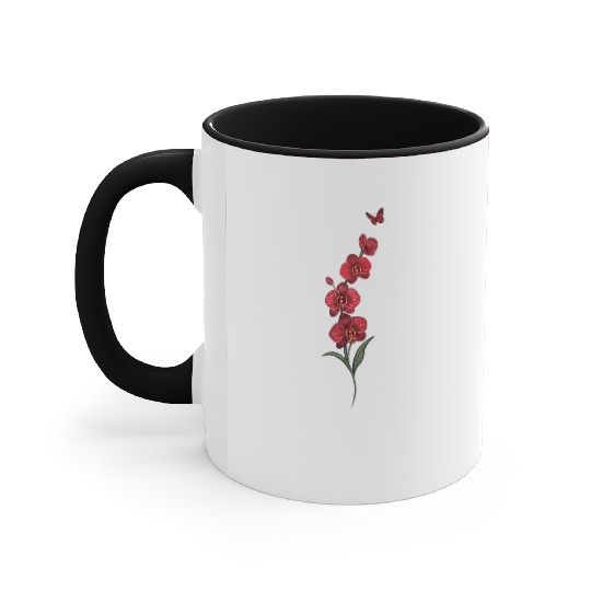 Red Orchid Flowers illustration with red butterfly Accent Mugs