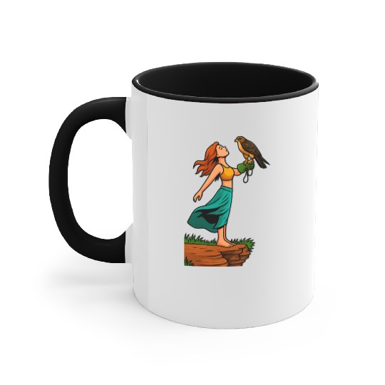 Woman with Hawk on Arm in Nature Scene Accent Mugs