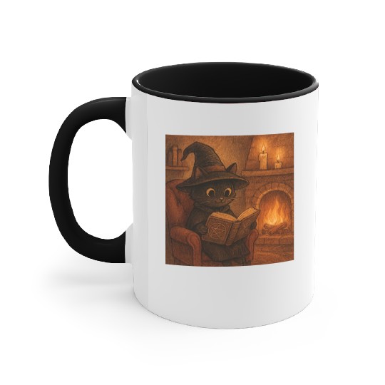 Enchanted Cat Witch by the Fireplace Accent Mugs