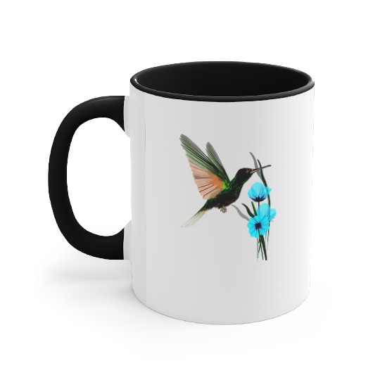 Green Hummingbird-Blue Flowers Accent Mugs
