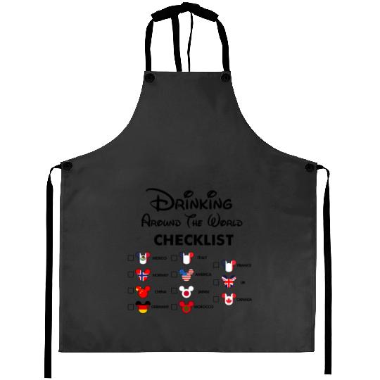 Mickey Beer Minnie Front and Back, Epcot Drinking Around The World , Drinking Around the world checklist, Disney Couple s Aprons