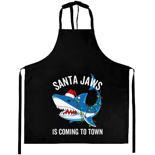 Santa Jaws Is Coming To Town Funny Christmas Shark Aprons