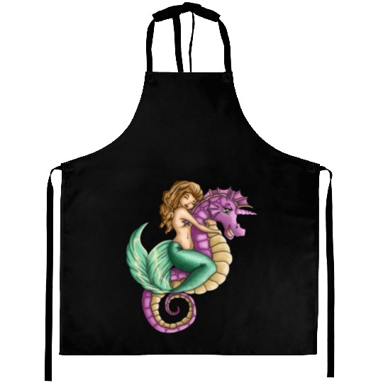 Little mermaid and cute seahorse lovely friendship Aprons