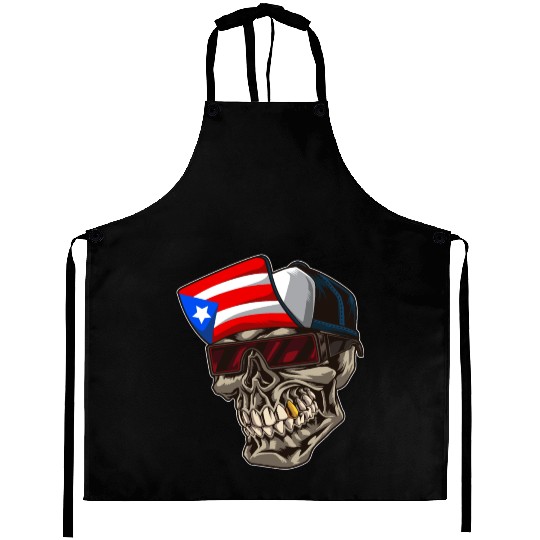 Cool Puerto Rico Skull With Cap and Boricua Flag Aprons