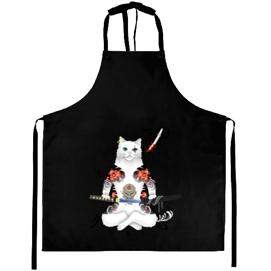 Japanese Samurai Cat Katana Ninja Yakuza Tattoo Aprons