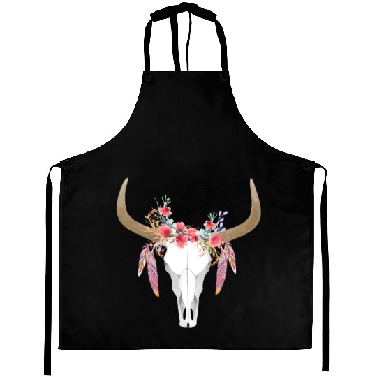 Floral Cow Skull With Feathers Bull Skull Aprons