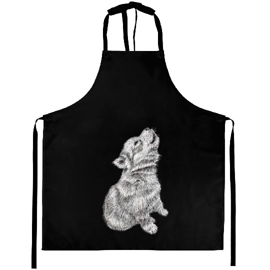 Cute Baby Howling Wolf Cub Sketch Aprons