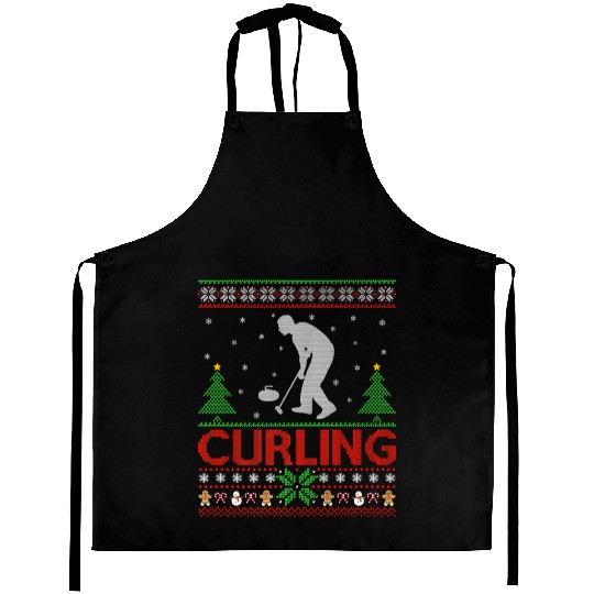 Curling Sports Lover Santa Ugly Curling Christmas Aprons