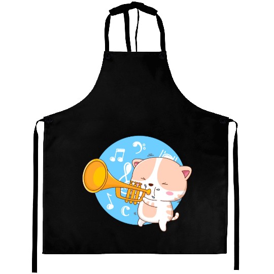 Cute cat loves to play trumpet Aprons